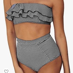 Cute brand new Bandeau Ruffle bikini swimsuit medium black and white striped